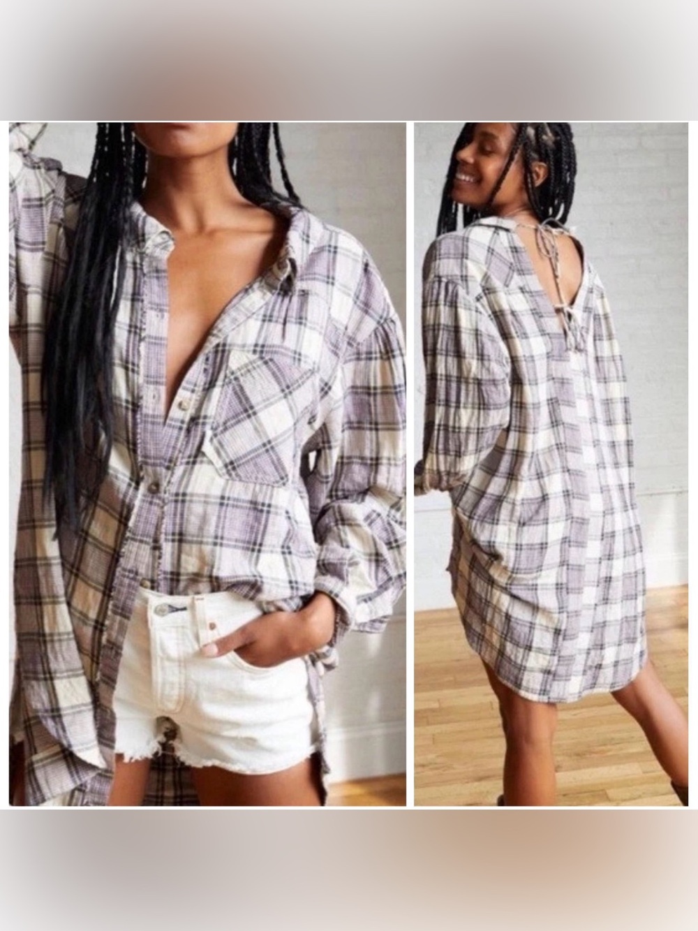 Free People Wild Side Plaid Tunic with Tie Back - Size Small - NWT
